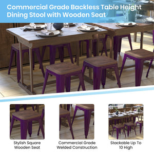 English Elm Kai 18" Backless Dining Stool Set of 4 - Durable Wooden Seat, Stackable Metal Design for Any Space Purple ET-BT3503-18-PR-WD-GG