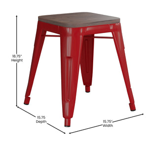 English Elm Kai 18" Backless Dining Stool Set of 4 - Durable Wooden Seat, Stackable Metal Design for Any Space Red ET-BT3503-18-RED-WD-GG