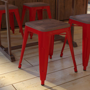 English Elm Kai 18" Backless Dining Stool Set of 4 - Durable Wooden Seat, Stackable Metal Design for Any Space Red ET-BT3503-18-RED-WD-GG