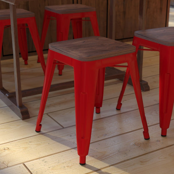 English Elm Kai 18" Backless Dining Stool Set of 4 - Durable Wooden Seat, Stackable Metal Design for Any Space Red ET-BT3503-18-RED-WD-GG
