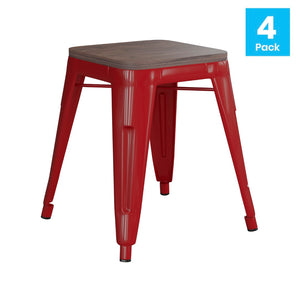 English Elm Kai 18" Backless Dining Stool Set of 4 - Durable Wooden Seat, Stackable Metal Design for Any Space Red ET-BT3503-18-RED-WD-GG