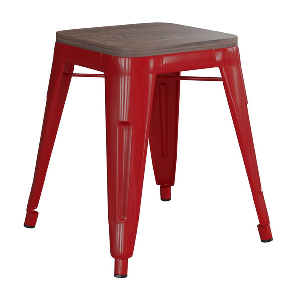 English Elm Kai 18" Backless Dining Stool Set of 4 - Durable Wooden Seat, Stackable Metal Design for Any Space Red ET-BT3503-18-RED-WD-GG