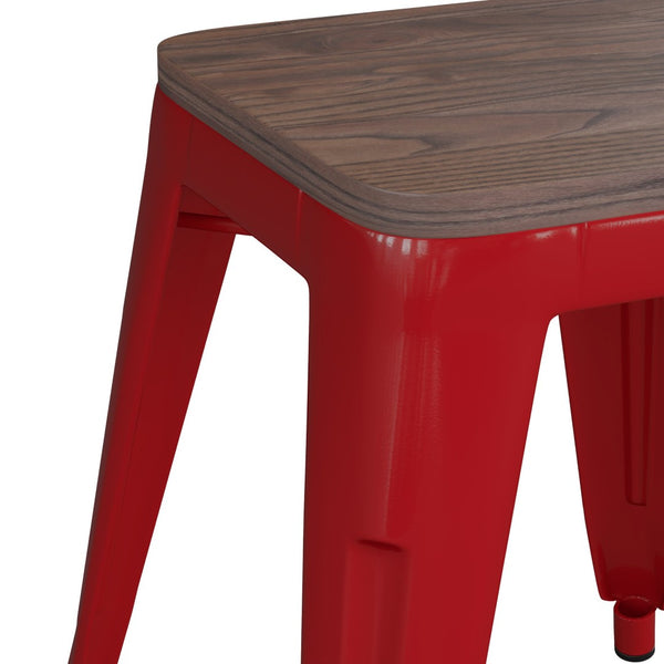 English Elm Kai 18" Backless Dining Stool Set of 4 - Durable Wooden Seat, Stackable Metal Design for Any Space Red ET-BT3503-18-RED-WD-GG