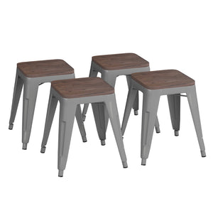 English Elm Kai 18" Backless Dining Stool Set of 4 - Durable Wooden Seat, Stackable Metal Design for Any Space Silver ET-BT3503-18-SIL-WD-GG
