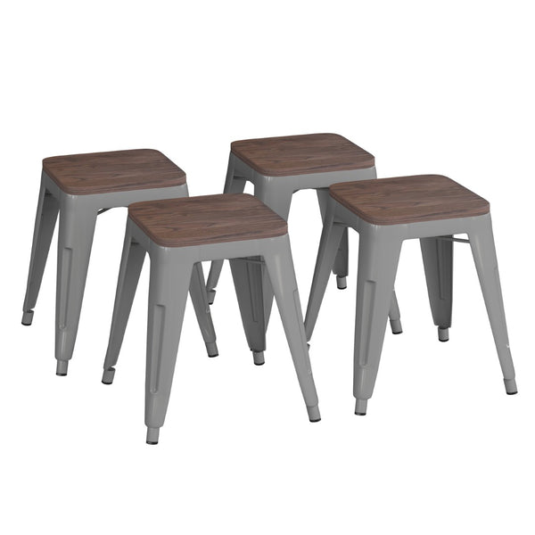 English Elm Kai 18" Backless Dining Stool Set of 4 - Durable Wooden Seat, Stackable Metal Design for Any Space Silver ET-BT3503-18-SIL-WD-GG