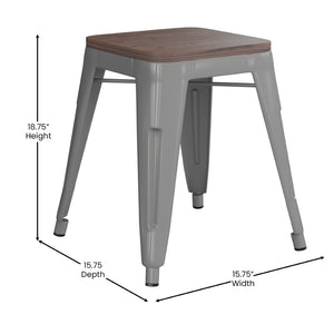 English Elm Kai 18" Backless Dining Stool Set of 4 - Durable Wooden Seat, Stackable Metal Design for Any Space Silver ET-BT3503-18-SIL-WD-GG