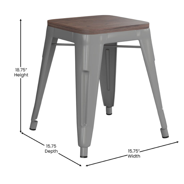 English Elm Kai 18" Backless Dining Stool Set of 4 - Durable Wooden Seat, Stackable Metal Design for Any Space Silver ET-BT3503-18-SIL-WD-GG