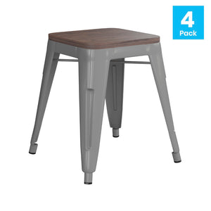 English Elm Kai 18" Backless Dining Stool Set of 4 - Durable Wooden Seat, Stackable Metal Design for Any Space Silver ET-BT3503-18-SIL-WD-GG