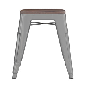 English Elm Kai 18" Backless Dining Stool Set of 4 - Durable Wooden Seat, Stackable Metal Design for Any Space Silver ET-BT3503-18-SIL-WD-GG
