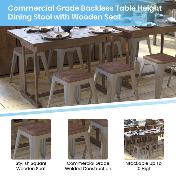 English Elm Kai 18" Backless Dining Stool Set of 4 - Durable Wooden Seat, Stackable Metal Design for Any Space Silver ET-BT3503-18-SIL-WD-GG