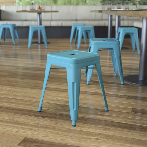 English Elm Kai Set of 4 Stackable Metal Stools for Dining, Kitchen, and Commercial Spaces - Durable & Stylish Teal ET-BT3503-18-TL-GG