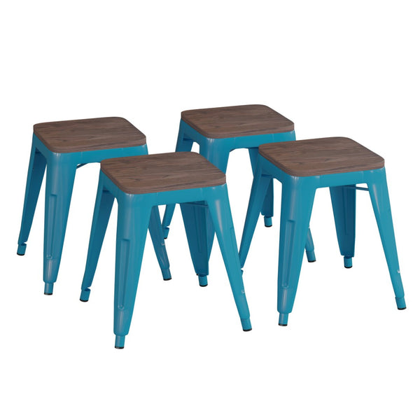 English Elm Kai 18" Backless Dining Stool Set of 4 - Durable Wooden Seat, Stackable Metal Design for Any Space Teal ET-BT3503-18-TL-WD-GG