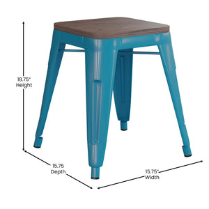 English Elm Kai 18" Backless Dining Stool Set of 4 - Durable Wooden Seat, Stackable Metal Design for Any Space Teal ET-BT3503-18-TL-WD-GG