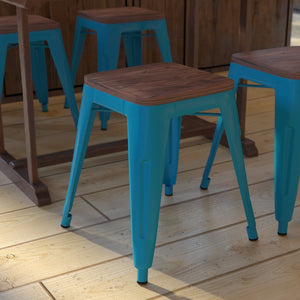 English Elm Kai 18" Backless Dining Stool Set of 4 - Durable Wooden Seat, Stackable Metal Design for Any Space Teal ET-BT3503-18-TL-WD-GG