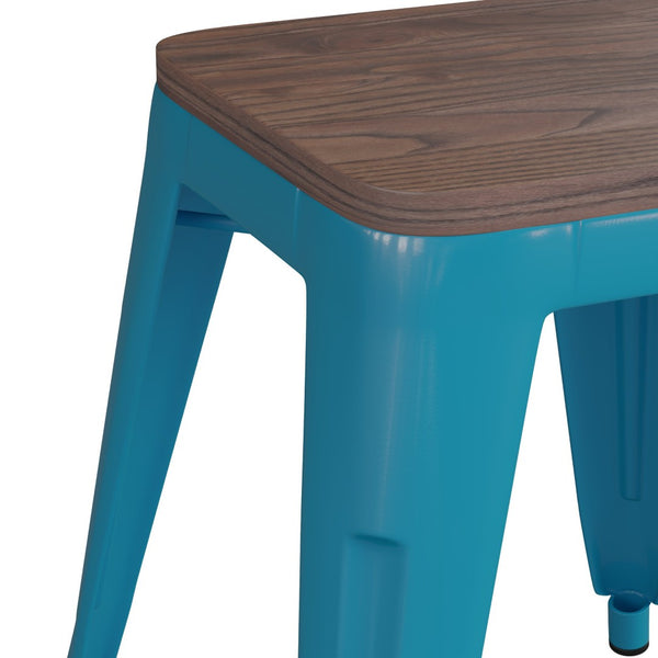 English Elm Kai 18" Backless Dining Stool Set of 4 - Durable Wooden Seat, Stackable Metal Design for Any Space Teal ET-BT3503-18-TL-WD-GG