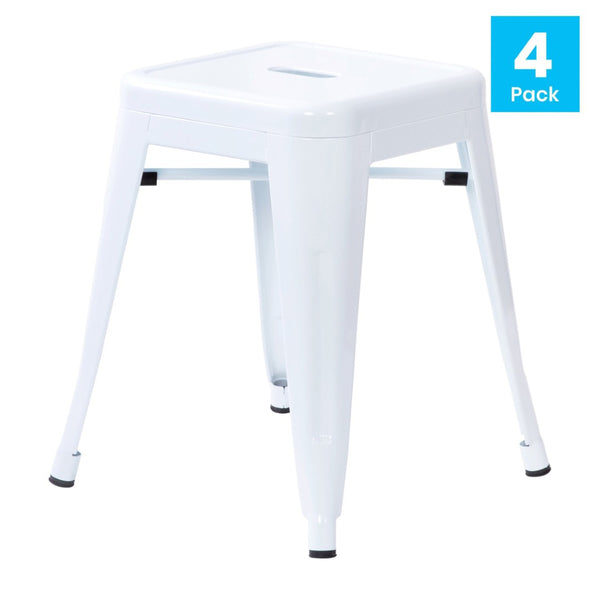 English Elm Kai Set of 4 Stackable Metal Stools for Dining, Kitchen, and Commercial Spaces - Durable & Stylish White ET-BT3503-18-WH-GG
