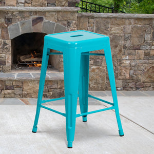 English Elm Kai Commercial Grade 24" Backless Indoor-Outdoor Counter Stool for Modern, Durable Seating Solutions Crystal Teal-Blue ET-BT3503-24-CB-GG