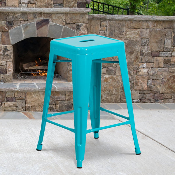English Elm Kai Commercial Grade 24" Backless Indoor-Outdoor Counter Stool for Modern, Durable Seating Solutions Crystal Teal-Blue ET-BT3503-24-CB-GG