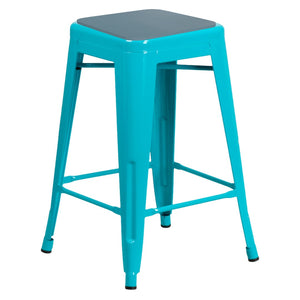 English Elm Kai Commercial Grade 24" Backless Bar Stool in Stylish Crystal Blue-Teal for Indoor-Outdoor Use Teal-Blue Seat/Crystal Teal-Blue Frame ET-BT3503-24-CB-PL2C-GG