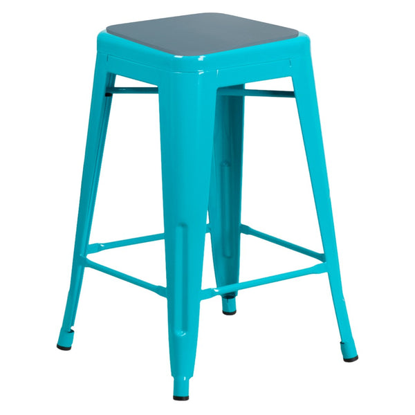 English Elm Kai Commercial Grade 24" Backless Bar Stool in Stylish Crystal Blue-Teal for Indoor-Outdoor Use Teal-Blue Seat/Crystal Teal-Blue Frame ET-BT3503-24-CB-PL2C-GG