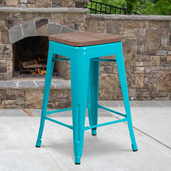 English Elm Sinclair 24" Backless Industrial Counter Height Stool with Wood Seat for Modern Spaces & Style Crystal Teal-Blue ET-BT3503-24-CB-WD-GG
