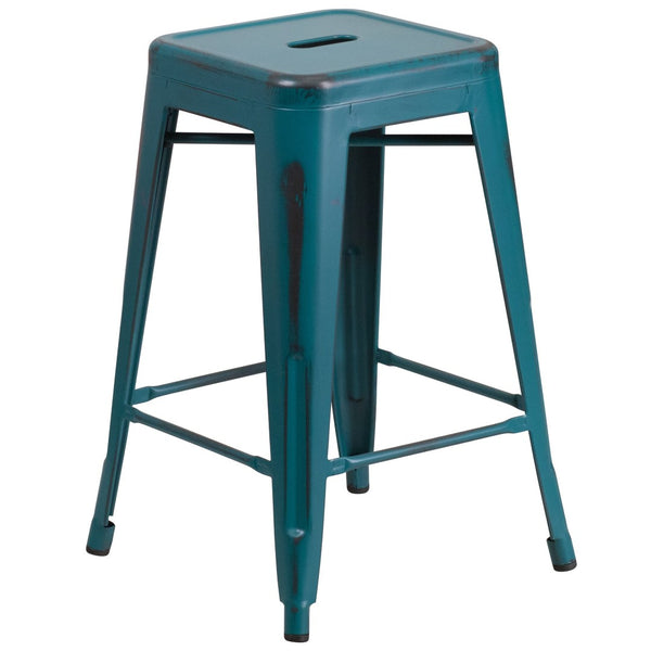 English Elm Kai Commercial Grade 24" Backless Metal Counter Stool for Indoor-Outdoor Use, Durable & Stylish Design Kelly Blue-Teal ET-BT3503-24-KB-GG