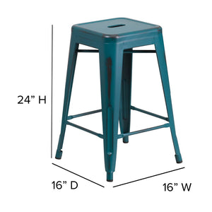 English Elm Kai Commercial Grade 24" Backless Metal Counter Stool for Indoor-Outdoor Use, Durable & Stylish Design Kelly Blue-Teal ET-BT3503-24-KB-GG