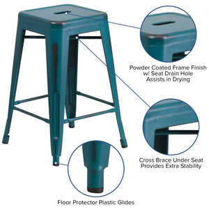 English Elm Kai Commercial Grade 24" Backless Metal Counter Stool for Indoor-Outdoor Use, Durable & Stylish Design Kelly Blue-Teal ET-BT3503-24-KB-GG