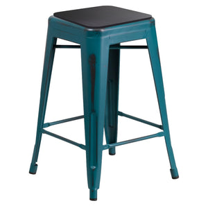 English Elm Kai Commercial Grade 24" Backless Bar Stool in Stylish Crystal Blue-Teal for Indoor-Outdoor Use Black Seat/Kelly Blue-Teal Frame ET-BT3503-24-KB-PL2B-GG