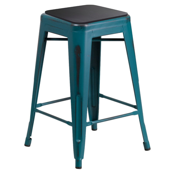 English Elm Kai Commercial Grade 24" Backless Bar Stool in Stylish Crystal Blue-Teal for Indoor-Outdoor Use Black Seat/Kelly Blue-Teal Frame ET-BT3503-24-KB-PL2B-GG