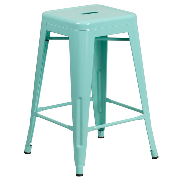 English Elm Kai Commercial Grade 24" Backless Indoor-Outdoor Counter Stool for Modern, Durable Seating Solutions Mint Green ET-BT3503-24-MINT-GG