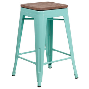 English Elm Sinclair 24" Backless Industrial Counter Height Stool with Wood Seat for Modern Spaces & Style Mint Green ET-BT3503-24-MINT-WD-GG