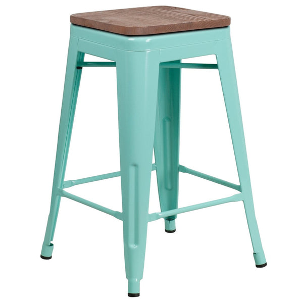 English Elm Sinclair 24" Backless Industrial Counter Height Stool with Wood Seat for Modern Spaces & Style Mint Green ET-BT3503-24-MINT-WD-GG