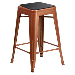 English Elm Kai Commercial Grade 24" Backless Bar Stool in Stylish Crystal Blue-Teal for Indoor-Outdoor Use Black Seat/Copper Frame ET-BT3503-24-POC-PL2B-GG