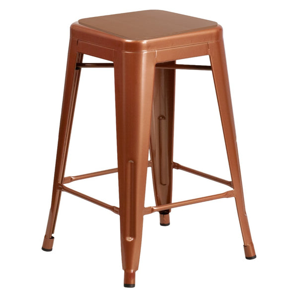 English Elm Kai Commercial Grade 24" Backless Bar Stool in Stylish Crystal Blue-Teal for Indoor-Outdoor Use Teak Seat/Copper Frame ET-BT3503-24-POC-PL2T-GG