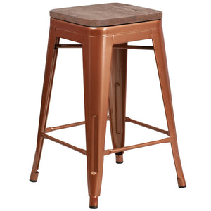 English Elm Sinclair 24" Backless Industrial Counter Height Stool with Wood Seat for Modern Spaces & Style Copper ET-BT3503-24-POC-WD-GG