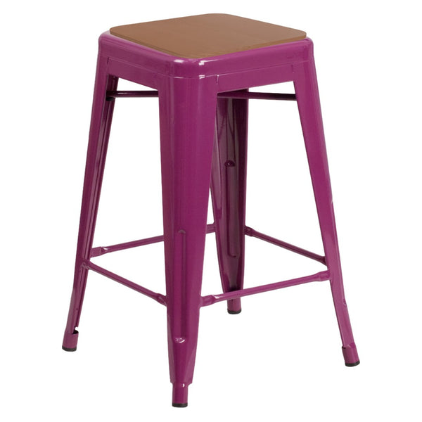 English Elm Kai Commercial Grade 24" Backless Bar Stool in Stylish Crystal Blue-Teal for Indoor-Outdoor Use Teak Seat/Purple Frame ET-BT3503-24-PUR-PL2T-GG