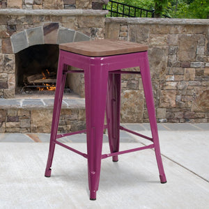 English Elm Sinclair 24" Backless Industrial Counter Height Stool with Wood Seat for Modern Spaces & Style Purple ET-BT3503-24-PUR-WD-GG