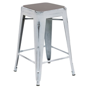 English Elm Kai Commercial Grade 24" Backless Bar Stool in Stylish Crystal Blue-Teal for Indoor-Outdoor Use Gray Seat/White Frame ET-BT3503-24-WH-PL2G-GG