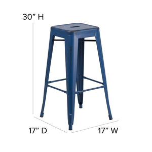 English Elm Kai High Backless Metal Barstool - Stylish Indoor-Outdoor Seating with Stackable Design & Durability Antique Blue ET-BT3503-30-AB-GG