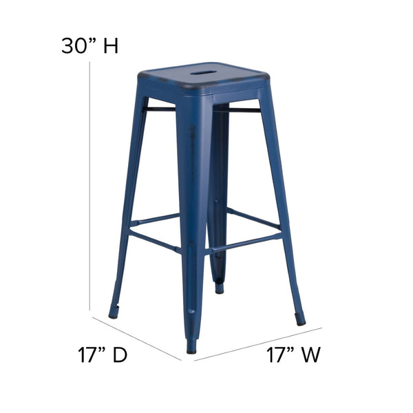 English Elm Kai High Backless Metal Barstool - Stylish Indoor-Outdoor Seating with Stackable Design & Durability Antique Blue ET-BT3503-30-AB-GG