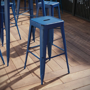 English Elm Kai High Backless Metal Barstool - Stylish Indoor-Outdoor Seating with Stackable Design & Durability Antique Blue ET-BT3503-30-AB-GG