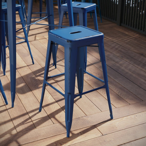 English Elm Kai High Backless Metal Barstool - Stylish Indoor-Outdoor Seating with Stackable Design & Durability Antique Blue ET-BT3503-30-AB-GG