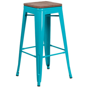 English Elm Murray Space-Saving Backless Barstool with Durable Metal Frame and Rustic Wood Seat for Modern Spaces Crystal Teal-Blue ET-BT3503-30-CB-WD-GG