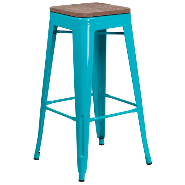 English Elm Murray Space-Saving Backless Barstool with Durable Metal Frame and Rustic Wood Seat for Modern Spaces Crystal Teal-Blue ET-BT3503-30-CB-WD-GG