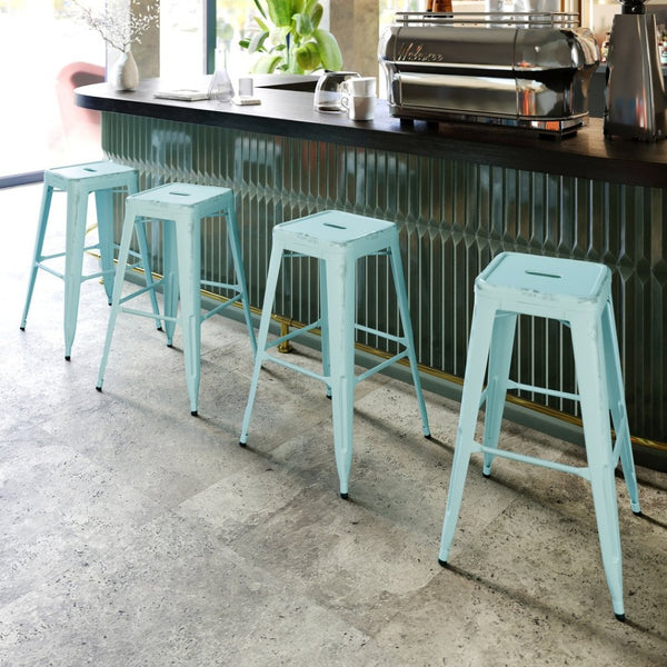 English Elm Kai High Backless Metal Barstool - Stylish Indoor-Outdoor Seating with Stackable Design & Durability Green-Blue ET-BT3503-30-DB-GG