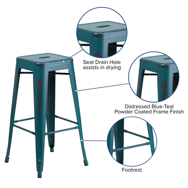 English Elm Kai High Backless Metal Barstool - Stylish Indoor-Outdoor Seating with Stackable Design & Durability Kelly Blue-Teal ET-BT3503-30-KB-GG