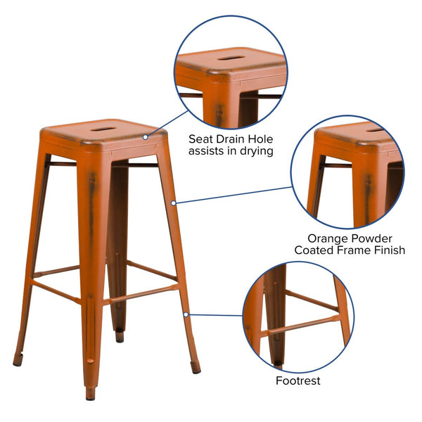 English Elm Kai High Backless Metal Barstool - Stylish Indoor-Outdoor Seating with Stackable Design & Durability Orange ET-BT3503-30-OR-GG