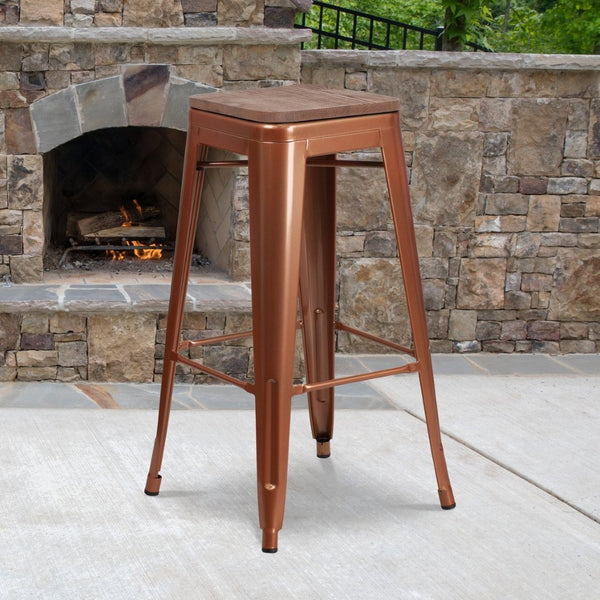 English Elm Murray Space-Saving Backless Barstool with Durable Metal Frame and Rustic Wood Seat for Modern Spaces Copper ET-BT3503-30-POC-WD-GG
