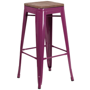 English Elm Murray Space-Saving Backless Barstool with Durable Metal Frame and Rustic Wood Seat for Modern Spaces Purple ET-BT3503-30-PUR-WD-GG